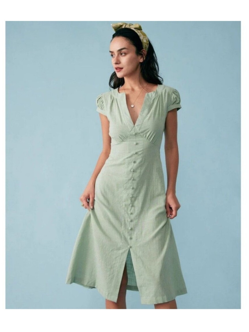 RIHOAS Cap Sleeve Split Hem Midi Dress Sz Small Mint Green Cottagecore Prairie